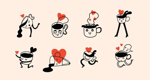 Personnages Café Drôle Doodle Rétro Avec Affiche Coeur Illustration Vectorielle Illustrations De Stock Libres De Droits