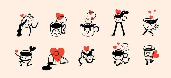 Ретро Каракули Смешные Кофейные Символы Набором Сердца Винтажный Напиток Латте Стоковая Иллюстрация