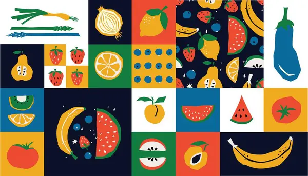 Afiches Florales Abstractos Con Frutas Hojas Trendy Groovy Elementos Corte Ilustración De Stock