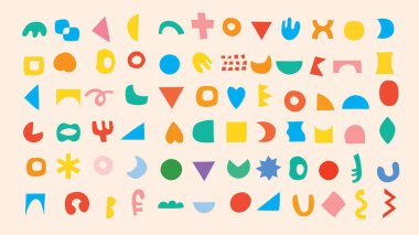 Asgari tarz tasarımı için acımasız şekiller. Moda geometrik postmodern ilkel figürlerin yaratıcısı. Acımasız çağdaş yıldız, oval, çiçek, çizgi ve formların vektör çizimi