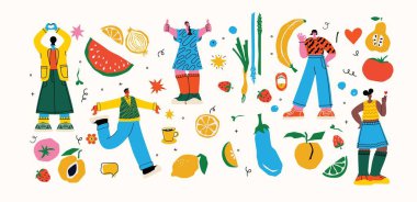 Sağlıklı Yiyecekleri olan Erkek ve Kadın Karakterler. Meyve ve sebzeli insanlar Enerji ve Sağlık Kaynağı, vejetaryen diyeti beyaz arka planda izole edilmiş. Çizgi Film İnsanları Çizimi