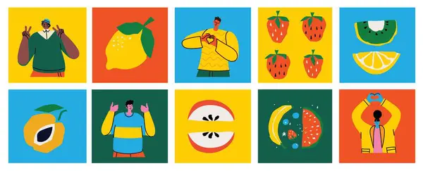 Sağlıklı Yiyecekleri Olan Erkek Kadın Karakterler Meyve Sebzeli Insanlar Enerji Telifsiz Stok Illüstrasyonlar