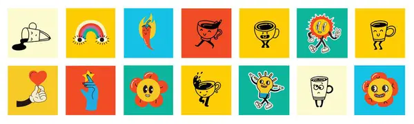 Groovy Hippie Mascots Kort Set Comic Glada Retroansikten Geometriska Klistermärken Vektorgrafik