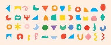 Asgari tarz tasarımı için acımasız şekiller. Moda geometrik postmodern ilkel figürlerin yaratıcısı. Acımasız çağdaş yıldız, oval, çiçek, çizgi ve formların vektör çizimi