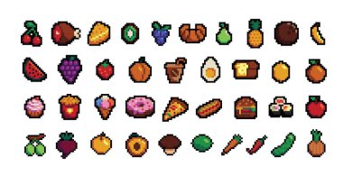 Retro pikselli sanat yemekleri 8bit pikselli meyve ve sebzeli ikonlar. Vintage 8 bit konsol oyun varlığı, bilgisayar arcade vektör ögeleri böğürtlen, çiftlik sebzeleri ve egzotik meyveler seti
