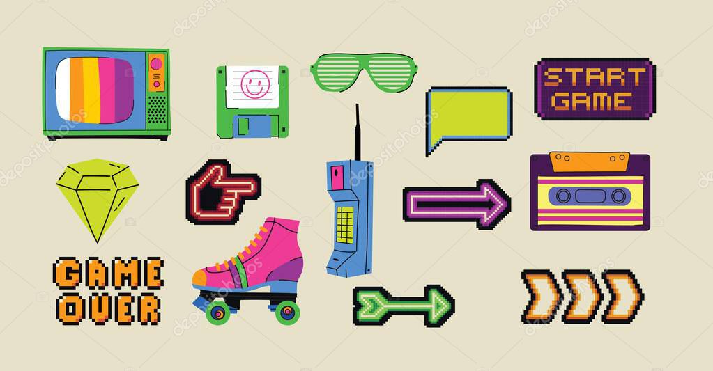 Retro set of icons of 90s. Pop art sticker collection for 1990 born baby. Badge for hipsters with sunglasses, boombox and roller, cassette. Vintage isolated element. Old cartoon design