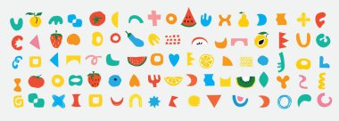 Asgari tarz tasarımı için acımasız şekiller. Moda geometrik postmodern ilkel figürlerin yaratıcısı. Acımasız çağdaş yıldız, oval, çiçek, çizgi ve formların vektör çizimi