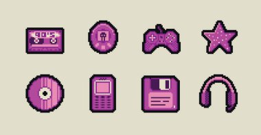 Piksel ögeleri ayarlandı. Y2k modayı takip eden etiketler. 90 'ların estetik havası. 8-bit retro stil vektör çizimi. Mavi arka plan. Basit geometrik biçim, ok, sembol, simge