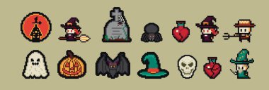 Piksel Sanat Karikatürü Cadılar Bayramı simgeleri ve nesneleri. 8- bit piksel oyun grafikleri tasarımı. Cadılar Bayramı cadı seti, şapka, gece kedisi, yarasa, iksir, mezar taşı