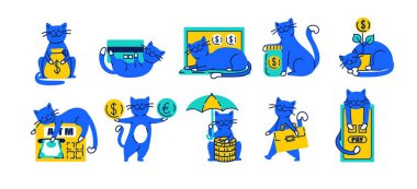 Paralı kediler komik moda çıkartmaları. Bankayla ilgili nesneler, zenginliğin sembolü, banka, sermaye ve unsurlar. El çizimi retro doodle illüstrasyon koleksiyonu.