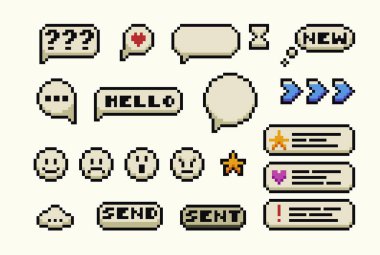 Bir takım piksel elementleri. Y2k modayı takip eden etiketler. 90 'ların estetik havası. 8-bit retro stil vektör çizimi. Neon arka plan. Moda geometrik gaddarlık UI 'si. Basit biçim, ok, sembol, simge