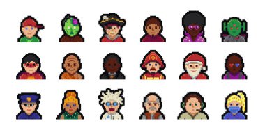 Avatar piksel karakterleri, genç erkekler ve kadınlar, çizgi film vektör simgeleri. Oyun kullanıcısı veya web profili grafiği avatarları ve sosyal ağ portresi için insanlar, 8bit erkek, genç, kız, erkek ve kadın