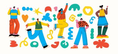 People in different poses and various geometric shapes. Outline characters, colorful abstract figures. Different mood, positions. Hand drawn Vector illustrations. clipart