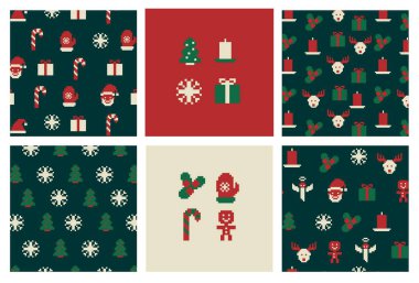 8bit piksel Noel süveteri desenleri ayarlandı. Güzel pikselli süs, Noel tatili geleneksel süveteri kırmızı çoraplar, ren geyiği, hediye kutusu ve kare kare pikselle örülmüş.