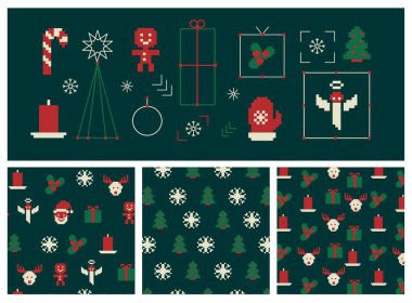Geçmiş, tebrik kartları, posterler, tatil örtüleri için mutlu noeller ve yeni yıl seti. Tipografi ve sezon dilekleri içeren Xmas şablonları web, sosyal medya ve baskı için modern geometrik tarzda