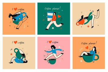 İnsanlar kahveyi, kupaları, kağıt bardakları seviyorlar. Karakterler sabah içecekleri, americano, cappuccino içerler..