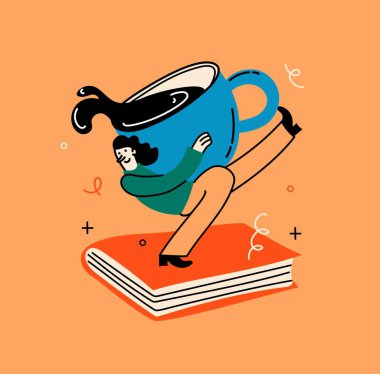 Kitap kavramları ayarlandı. Kitap okuyan ve bir fincan kahve içen mutlu bir kadın. Arka planda izole edilmiş düz trend retro vektör çizimleri