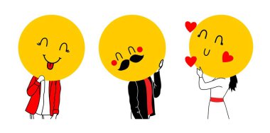 Young people holding large faces emoji instead of heads. Big round colorful heads with different facial expressions, showing like and love. Heart love emoji set. Social media emojis. clipart