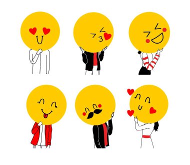 Young people holding large faces emoji instead of heads. Big round colorful heads with different facial expressions, showing like and love. Heart love emoji set. Social media emojis. clipart