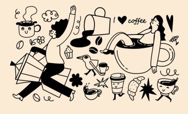 Coffee vector illustration set in trendy flat simple linear style, funny mascot and cartoon character, friendly sticker and badge for advertising, social media, drinking coffee clipart