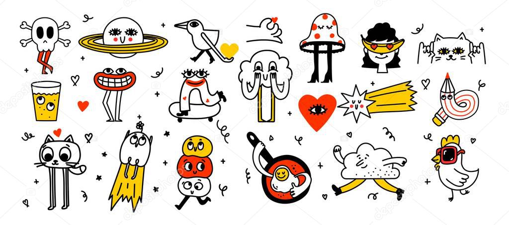 Big vector set of simple doodle minimalistic icons. Hand drawn logos in childrens drawings style. Design elements. Cartoon style. Flat design.