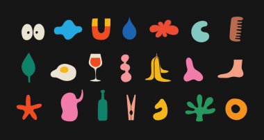 Acımasız geometrik şekiller ve ızgaralar. Vahşi çağdaş yıldız oval spiral çiçek ve gömlek tasarımı, tekstil baskısı ve hediye tasarımı için diğer ilkel elementler..