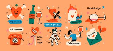Sevgililer Günü 'nde komik alıntılar ve çizimlerle dolu tebrik kartları. Anti-Sevgililer Günü posteri, gömlek tasarımı, tekstil baskısı ve hediye tasarımı. Vektör illüstrasyonu.