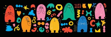 Elleri ve gözleri ve çeşitli renk geometrik şekilleri, işaretleri ve sembolleri olan komik emoji siyah karakter simgeleri. Vektör çizgi film soyut modayı düz yalıtılmış yüz duyguları ayarlandı