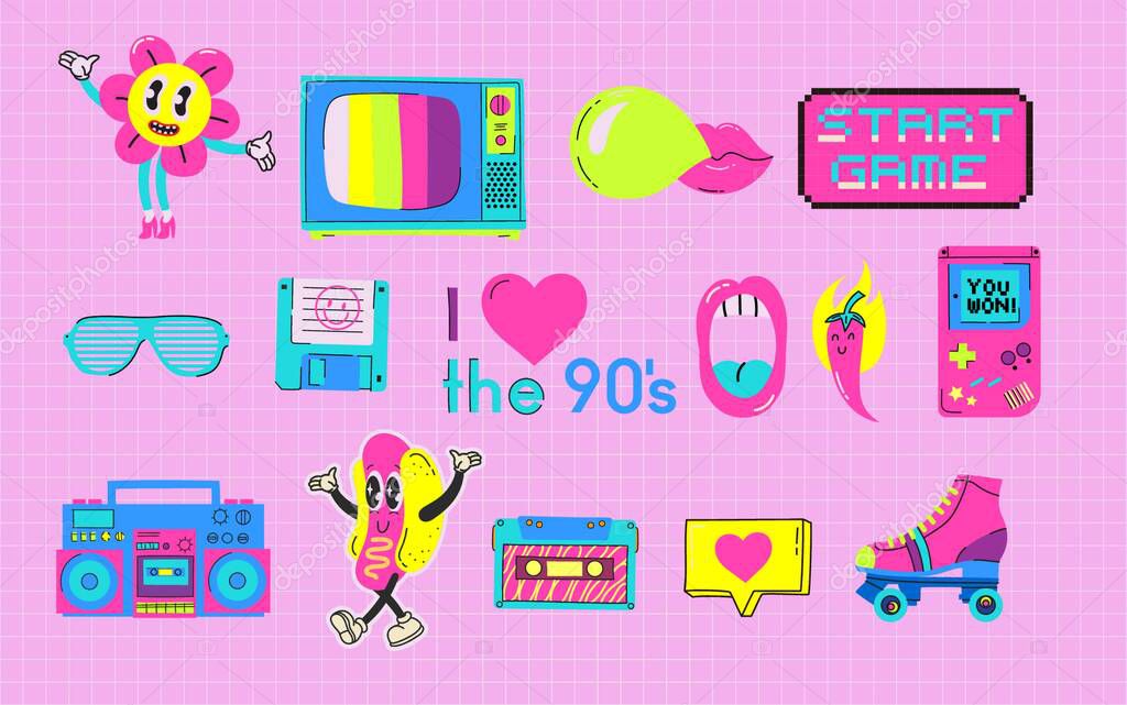 I love the 90s. Cartoon stickers in funky hipster groovy grunge 90s style. Futuristic y2k patches, labels, tags, stickers, bracelet stamps in retro style.