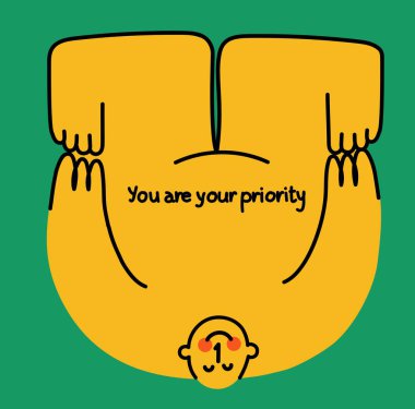 Akıl sağlığı, psikoloji konsepti. Kişisel sevgi, zihin bakımı, yardım, kabullenme. Önceliğin sensin. Bir kareye, vektör illüstrasyonuna kazınmış orantısız orantısız karakterler.