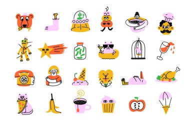 Modern hipster 90 'ların stil çıkartmaları. - Evet. Yamalar, çıkartmalar, etiketler, etiketler, pullar için modaya uygun karalama çizimleri koleksiyonu.