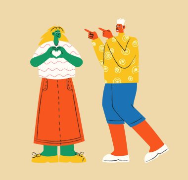 Genç, mutlu, heyecanlı bir kadın ve eli sevgi dolu bir erkek. Elleriyle, olumlu duygularıyla hareket ediyor. Düz grafik vektör illüstrasyonu