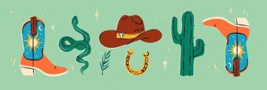 Vahşi Batı ve Kovboy konsepti. Çeşitli nesneler ve tasarım elementleri, botlar, kaktüs, yılan, şapka, el çizimi renkli karavan kümesi
