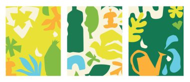 Dünya Günü posterleri ve kartları için vahşi geometrik şekiller, yapraklar ve elementler. Parmak izleri, el ilanları, kapaklar, afişler için tasarımlar. Yankı kavramları.