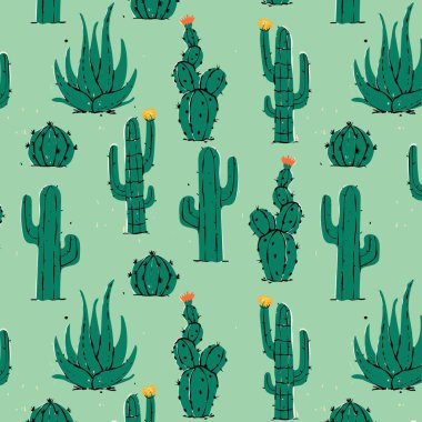 Elle çizilmiş kaktüs bitkisi dikişsiz desen seti. Klasik karikatür kaktüs ev bitkisi arka planı. Doğal çöl bitki dokusu, bahçe izi..