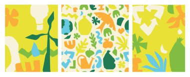 Dünya Günü posterleri ve kartları için vahşi geometrik şekiller, yapraklar ve elementler. Parmak izleri, el ilanları, kapaklar, afişler için tasarımlar. Eko kavramı çizimleri.