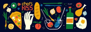 Kahvaltı ve yemek ikonlarının el çizimi çizimleri. Şarap kadehi, yumurta, domates, sebze. Davetiyeler, menüler ve partiler için resimler.