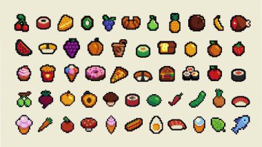 Piksel Sanat Fast ve Sokak Yemekleri Koleksiyonu. Mega Asya, Kore, Japon ve Amerikan Hazır ve Lezzetli Yemekler. 8 bit Retro Style Fast Food pikselleri. Hamburger, hamur işi, sos, kek, sandviç..