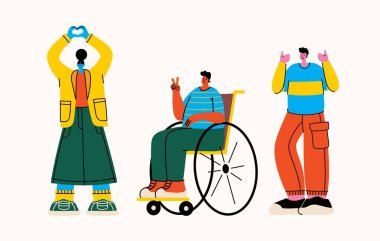Engelli insanlar yardım ve çeşitlilik. Bastonlu ve tekerlekli sandalyede arkadaşlarıyla ya da gönüllüleriyle buluşan engelli insanlar. Engellilik, yardım ve çeşitli toplum kavramları için vektör illüstrasyonu