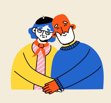 Sevimli yaşlı bir çift. Birlikte mutlu son sınıflar. Yaşlı erkekler ve kadınlar, eşler. Vektör karalama karikatürü çizimi düz stil.