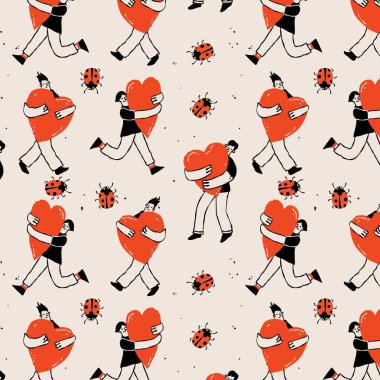 İnsanlar büyük kalpleri tutuyor. - Evet. Elle çizilmiş Vektör çizimi. Aşk, Sevgililer Günü, romantizm konsepti. Kare pürüzsüz Desen