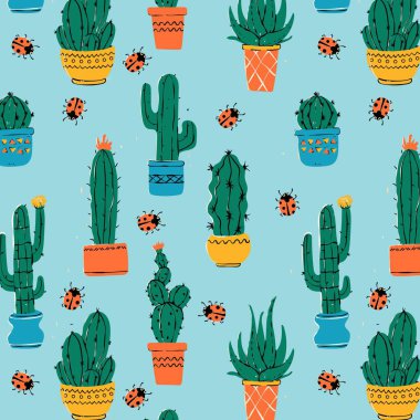 Elle çizilmiş kaktüs bitkisi dikişsiz desen seti. Klasik karikatür kaktüs ev bitkisi arka planı. Doğal çöl bitki dokusu, bahçe baskısı. Doğal iç dekorasyon duvar kâğıdı.