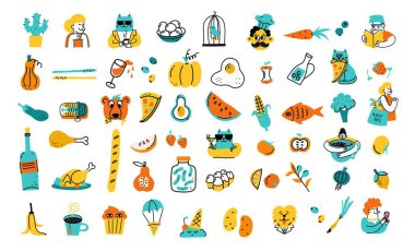 Yerel gıda seti, çiftçi pazarı konsepti. Sebze ve meyveli sokak yiyecekleri standı, market logosu, tarım mağazaları, ambalaj ve reklam. Doodle biçimi el çizimi vektör çizimi