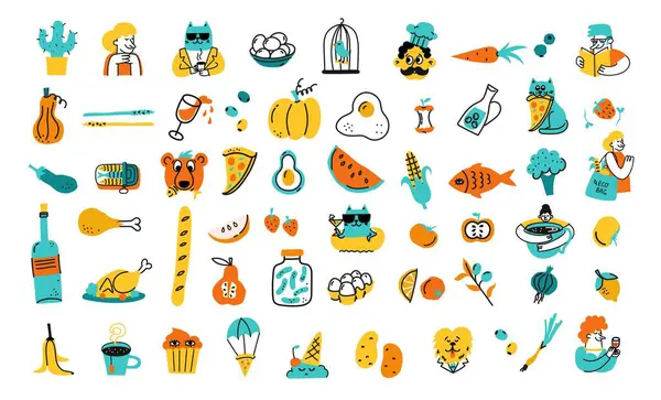 Yerel gıda seti, çiftçi pazarı konsepti. Sebze ve meyveli sokak yiyecekleri standı, market logosu, tarım mağazaları, ambalaj ve reklam. Doodle biçimi el çizimi vektör çizimi