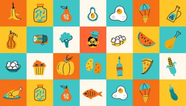 Yerel yiyecek, çiftçi pazarı konsepti. Meyve ve sebzeli sokak yemeği standı. Doodle biçimi el çizimi vektör çizimi.