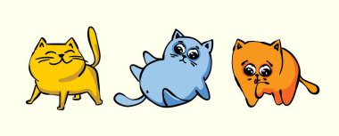 Şirin kedi çıkartması seti, sevimli kedi ve farklı pozlarda dostça karalama. Tişört, çıkartma, baskı, evcil hayvan dükkanı için el çizimi koleksiyonu..