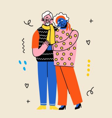 Sevimli yaşlı bir çift. Birlikte mutlu son sınıflar. Yaşlı erkekler ve kadınlar, eşler. Vektör karalama karikatürü çizimi düz stil.