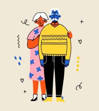 Sevimli yaşlı bir çift. Birlikte mutlu son sınıflar. Yaşlı erkekler ve kadınlar, eşler. Vektör karalama karikatürü çizimi düz stil.