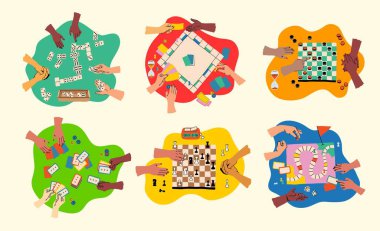 Yaratıcı masa oyunu hobileri. İnsan kolları aktif olarak masa üstü oyunu oynuyor. Zar, kart ve piyon gibi oyun unsurları. Eğlenceli sosyal aktivite. Vektör illüstrasyonu