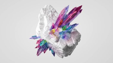 3D rengarenk kristaller ve beyaz kaya taşı, beyaz arkaplanda izole edilmiş klipsli sanat